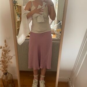 Free people xs pink silk midi skirt with elastic waist high waisted